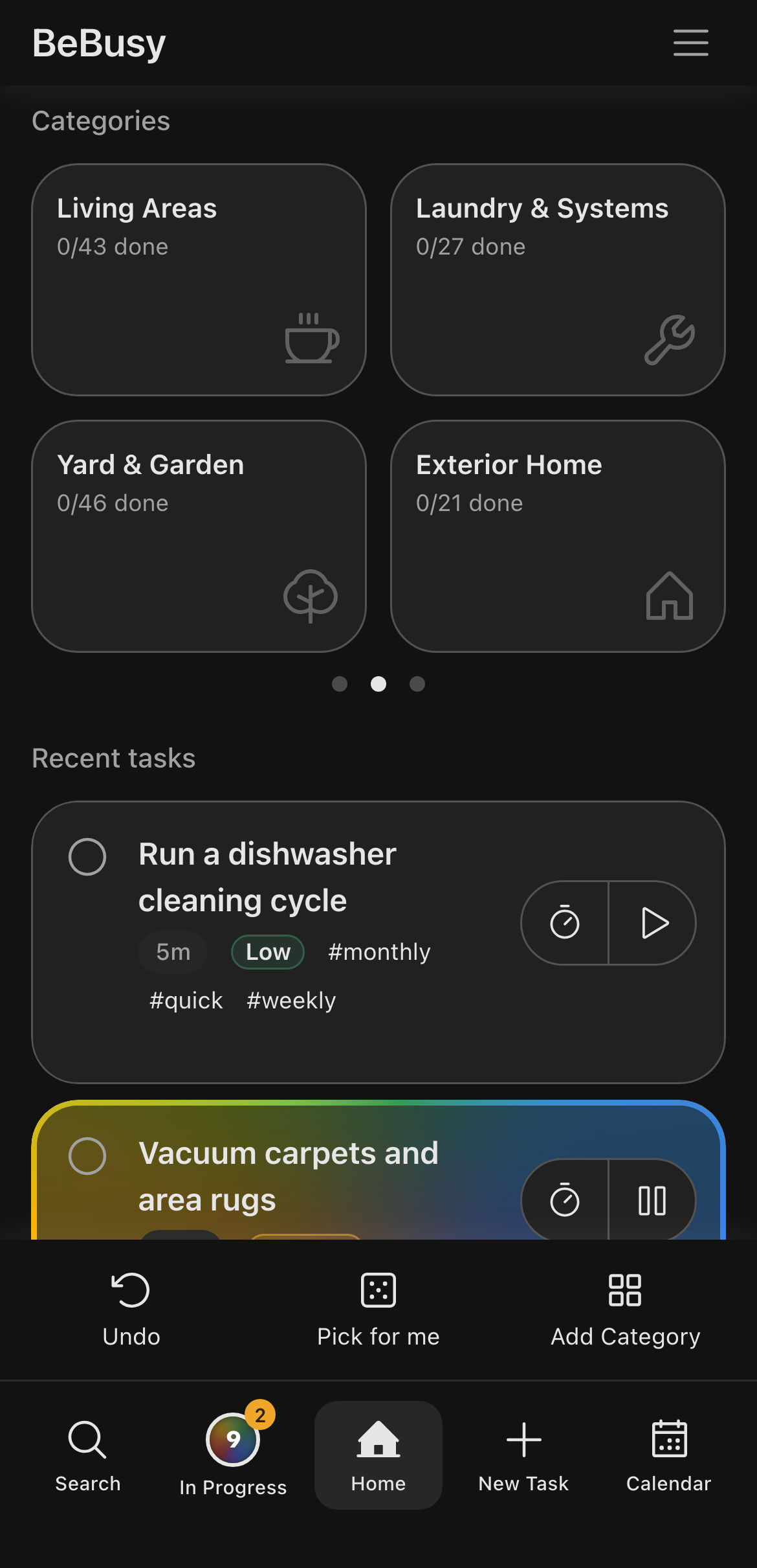 BeBusy home screen carousel scrolled within thumb reach