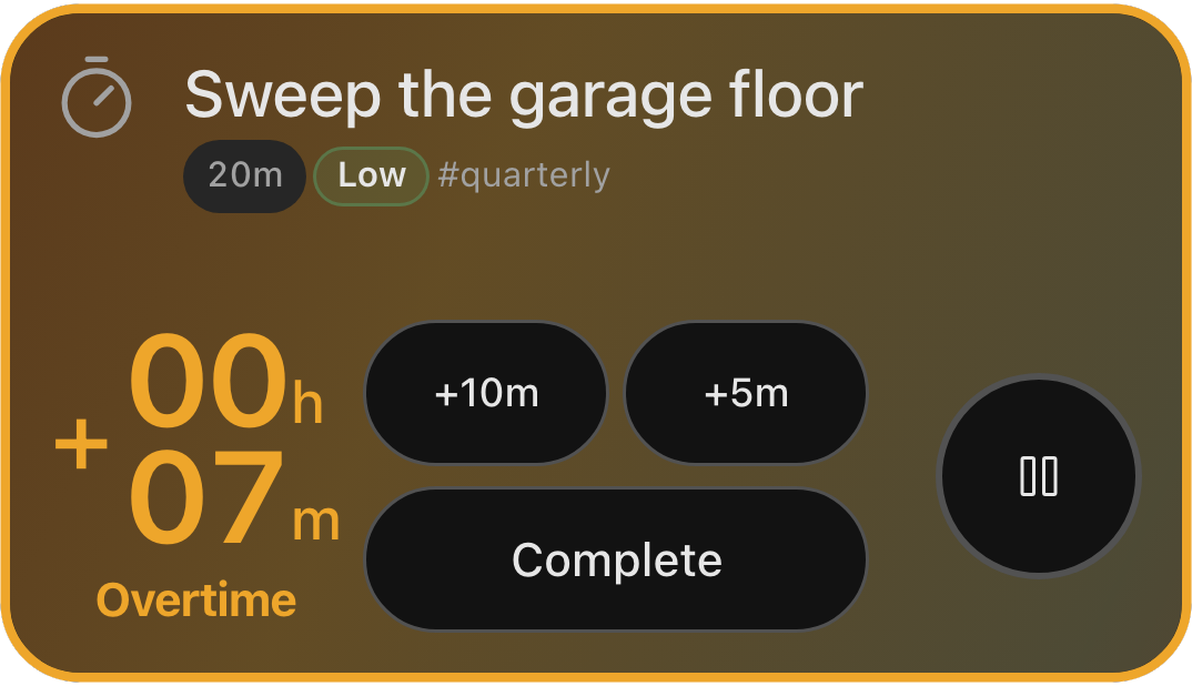 BeBusy timer in overtime with an orange countdown